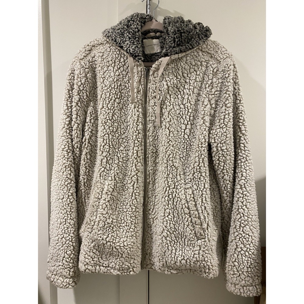 Thread + Supply Women's Hooded Sherpa Jacket Full Zip Lined Pockets Ivory Grey L